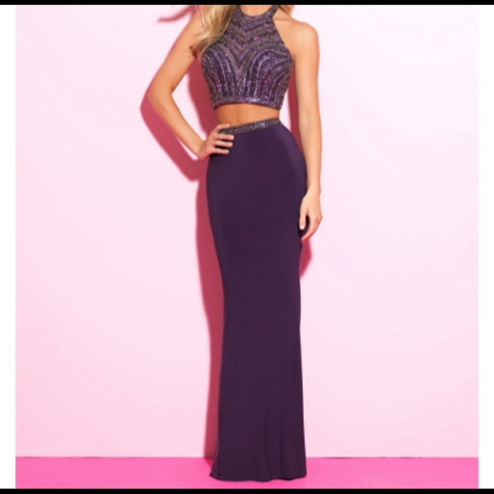 Beaded crop two piece formal gown